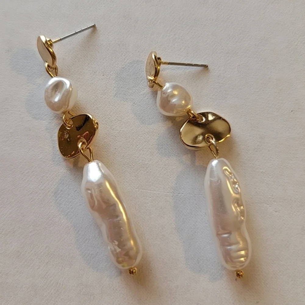 Gold Tone Pearl Linear Imitation Pearl Drop Earrings